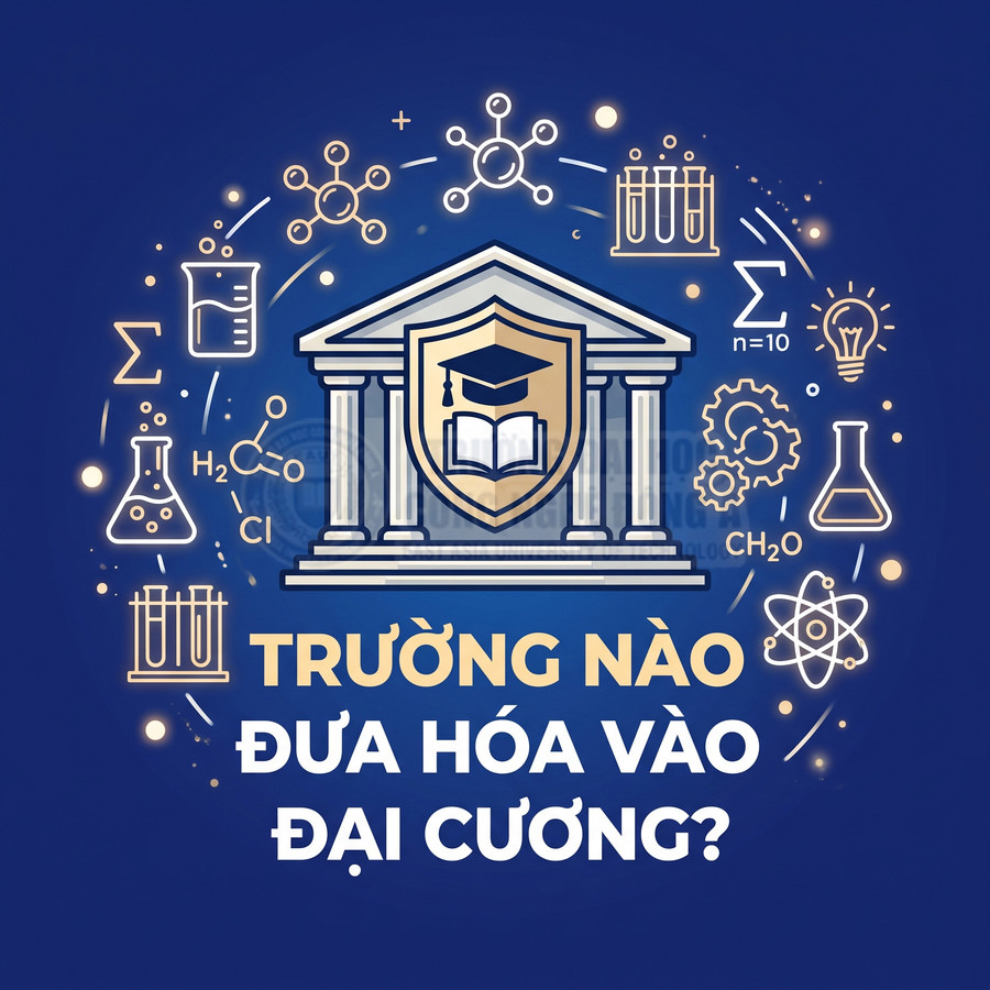 Minh họa trường đại học với biểu tượng sách mũ tốt nghiệp và các icon môn hóa học xung quanh trên nền xanh