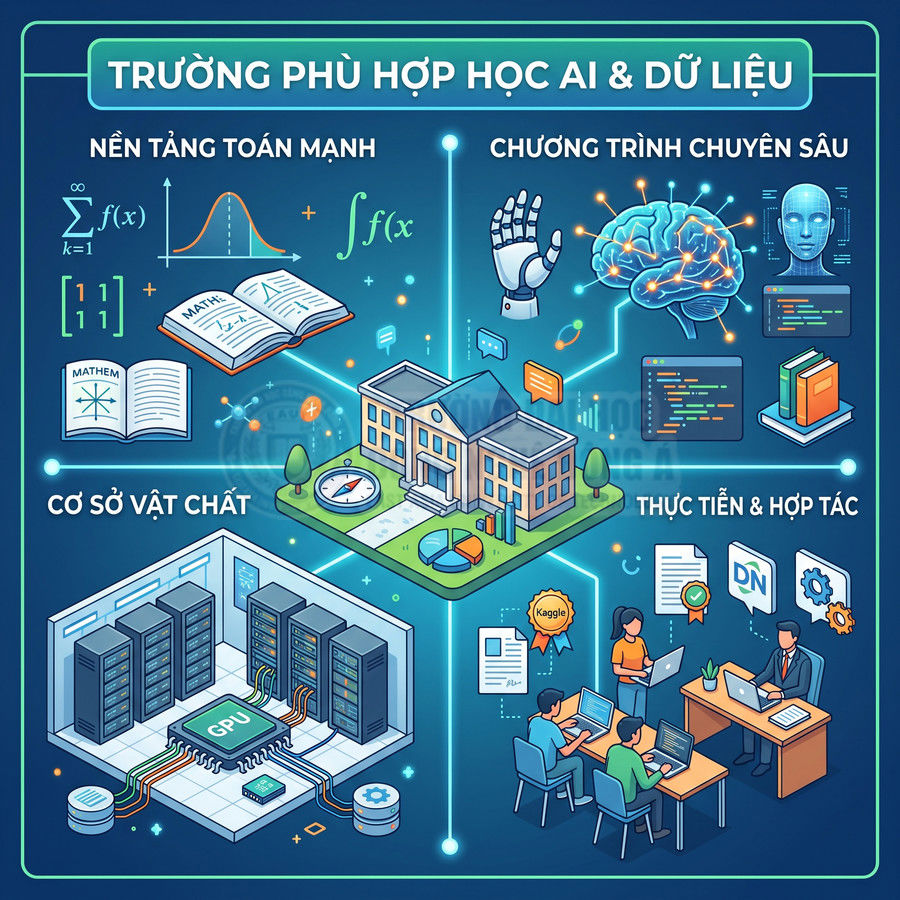 Minh họa trường đại học với cơ sở vật chất AI, phòng máy GPU, chương trình học dữ liệu và hoạt động hợp tác thực tiễn