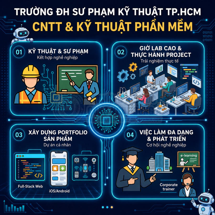 Infographic giới thiệu ngành CNTT và Kỹ thuật phần mềm Trường ĐH Sư phạm Kỹ thuật TP.HCM, cơ hội học và việc làm