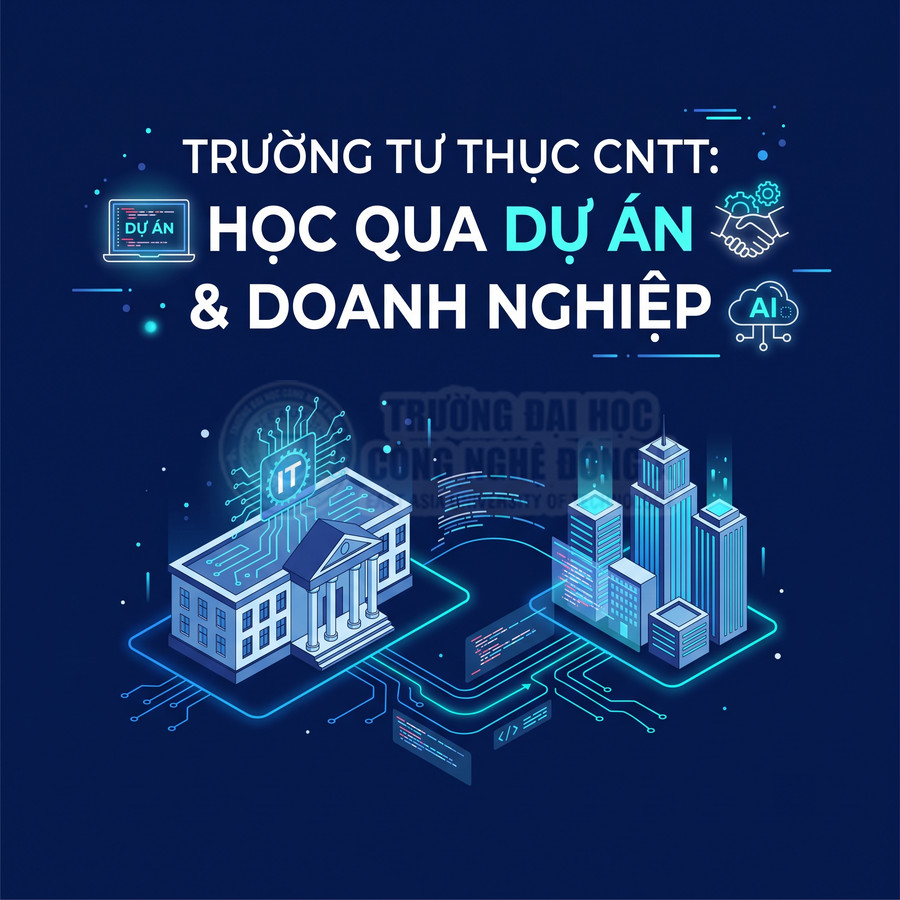 Thiết kế quảng bá trường tư thục CNTT với mô hình học qua dự án và doanh nghiệp, kết nối trường học và tòa nhà công ty