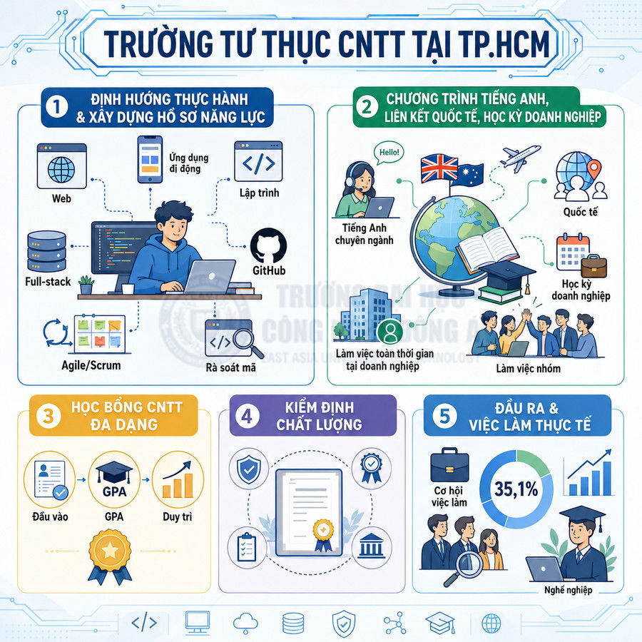 Infographic giới thiệu lợi ích học tại trường tư thục CNTT TP HCM với định hướng thực hành, tiếng Anh, học bổng và cơ hội việc làm