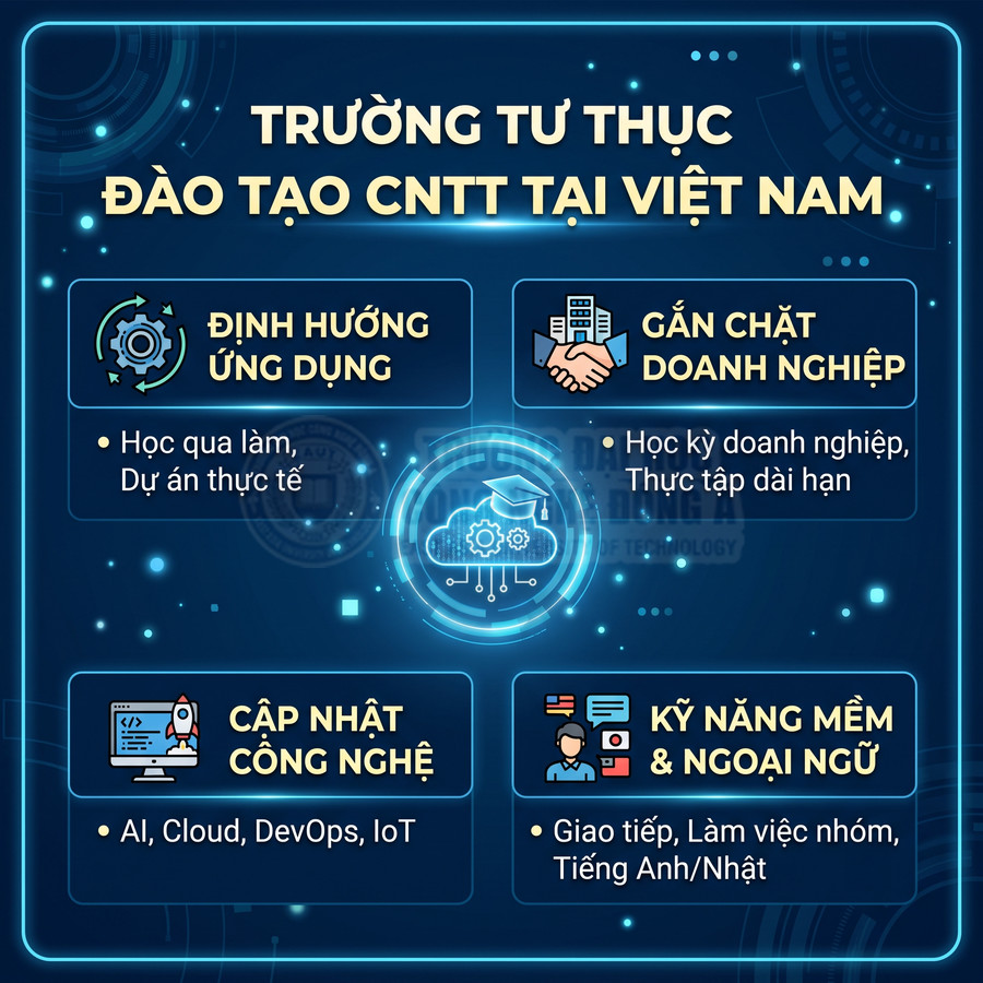 Poster giới thiệu trường tư thục đào tạo CNTT với định hướng ứng dụng, gắn doanh nghiệp, cập nhật công nghệ, kỹ năng mềm