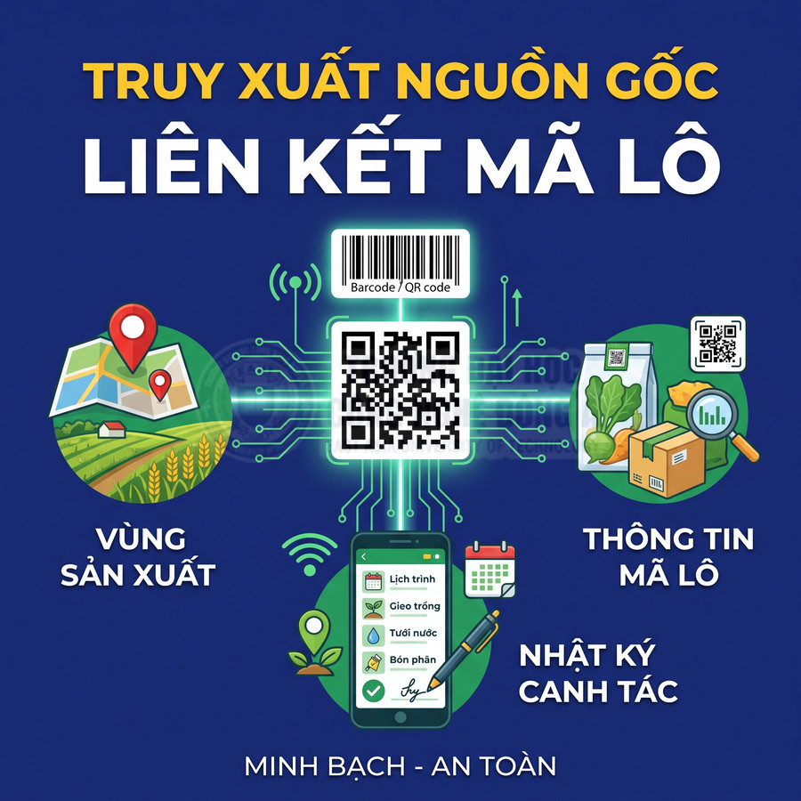 Hệ thống truy xuất nguồn gốc nông sản bằng mã QR, liên kết vùng sản xuất, thông tin mã lô và nhật ký canh tác