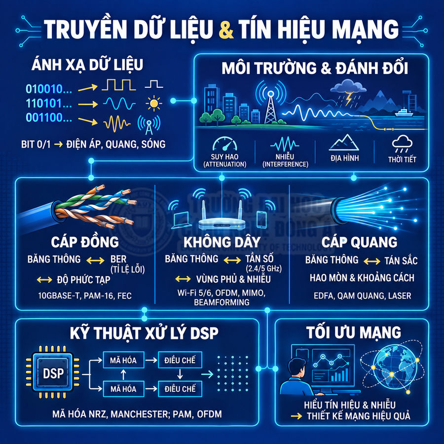 Sơ đồ truyền dữ liệu và tín hiệu mạng với cáp đồng, kết nối không dây, cáp quang và kỹ thuật xử lý DSP