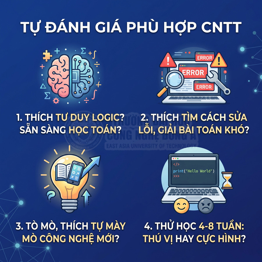 Infographic tự đánh giá mức độ phù hợp với ngành công nghệ thông tin với 4 câu hỏi về tư duy logic và đam mê công nghệ