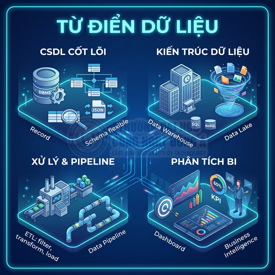 Minh họa từ điển dữ liệu với CSDL cốt lõi, kiến trúc dữ liệu, xử lý pipeline và phân tích BI