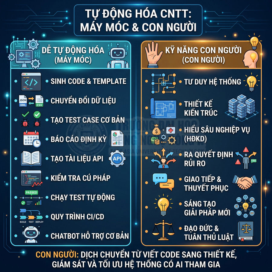 Tự động hóa CNTT với máy móc và kỹ năng con người, liệt kê các công việc dễ tự động hóa và vai trò con người