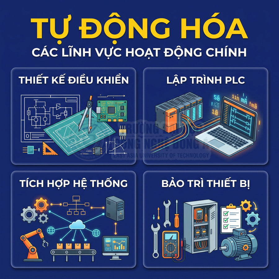 Các lĩnh vực tự động hóa gồm thiết kế điều khiển, lập trình PLC, tích hợp hệ thống và bảo trì thiết bị
