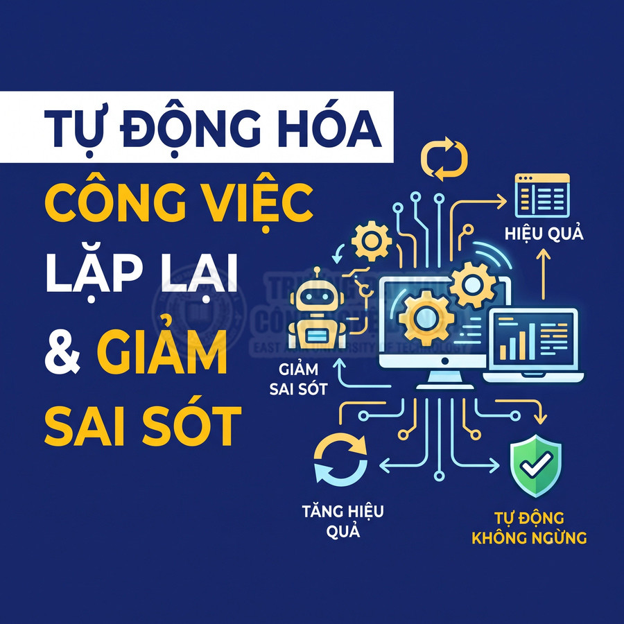 Minh họa tự động hóa công việc bằng robot và máy tính, giúp giảm sai sót và tăng hiệu quả liên tục