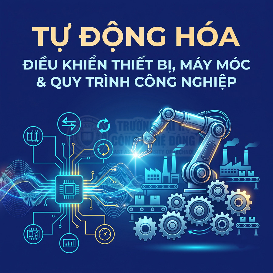 Tự động hóa công nghiệp với cánh tay robot, dây chuyền nhà máy và vi mạch điều khiển máy móc
