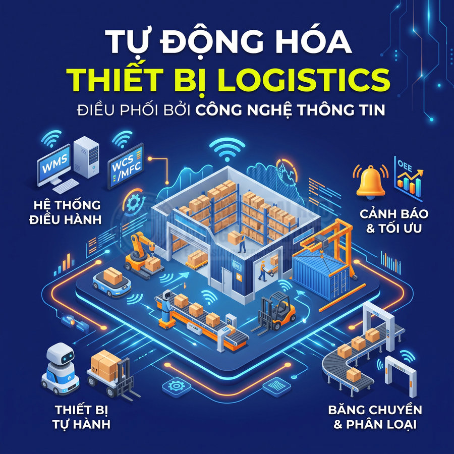 Hệ thống tự động hóa thiết bị logistics với kho hàng, robot tự hành, băng chuyền và phần mềm điều phối thông minh