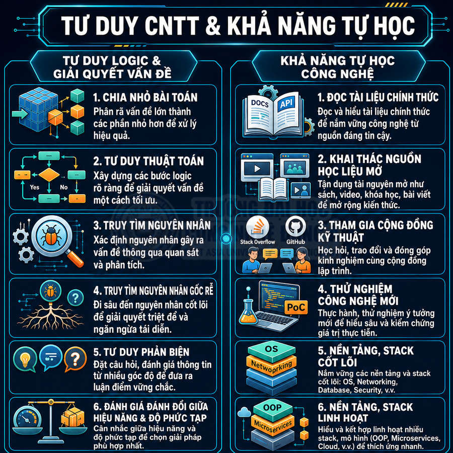 Infographic tư duy CNTT và khả năng tự học công nghệ với các kỹ năng logic và tự học quan trọng