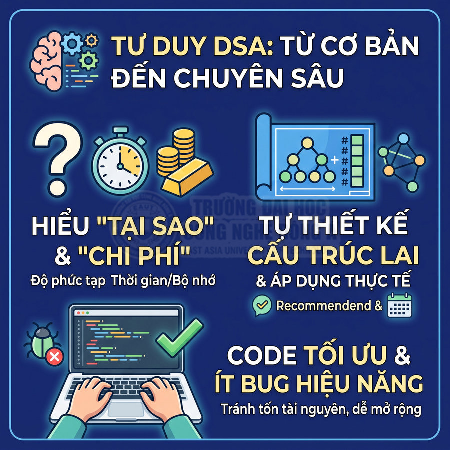 Poster khóa học tư duy DSA từ cơ bản đến chuyên sâu, nhấn mạnh hiểu chi phí, thiết kế cấu trúc dữ liệu và code tối ưu