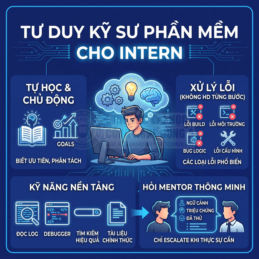 Infographic tư duy kỹ sư phần mềm cho intern với lập trình viên trẻ ngồi trước laptop và các kỹ năng cần có