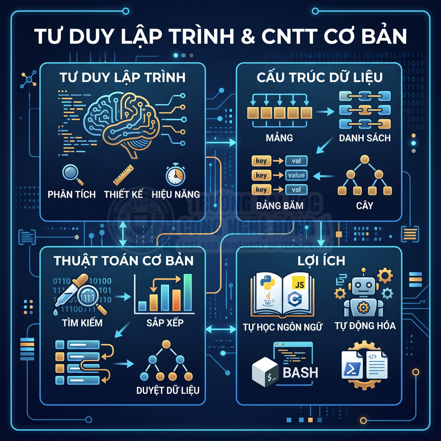 Infographic tư duy lập trình và CNTT cơ bản với cấu trúc dữ liệu, thuật toán và lợi ích học lập trình