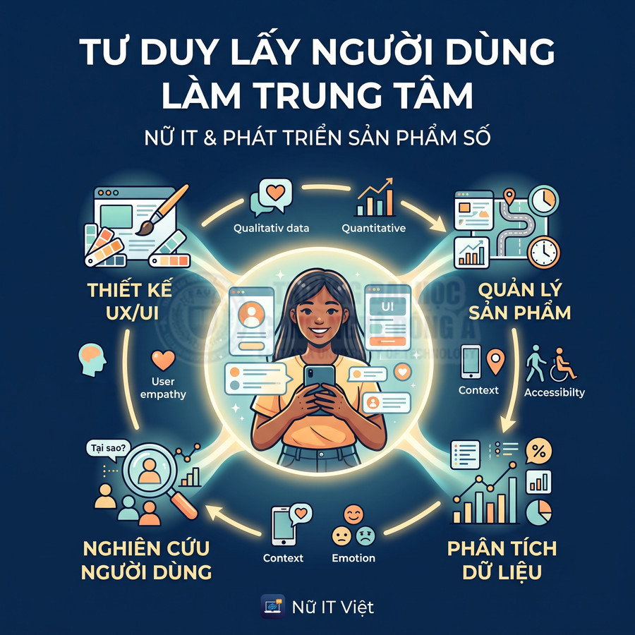 Minh họa tư duy lấy người dùng làm trung tâm trong thiết kế UX UI, nghiên cứu người dùng, quản lý sản phẩm và phân tích dữ liệu