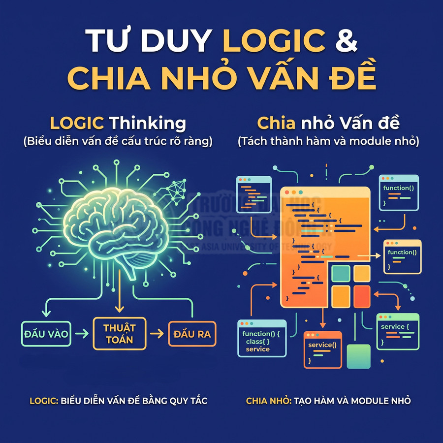 Minh họa tư duy logic và chia nhỏ vấn đề trong lập trình với não bộ, thuật toán, hàm và module code