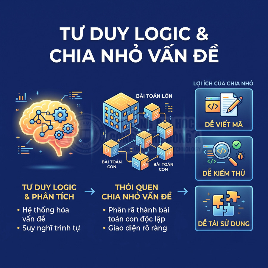 Minh họa tư duy logic và chia nhỏ vấn đề trong lập trình với các lợi ích dễ viết mã, dễ kiểm thử, dễ tái sử dụng