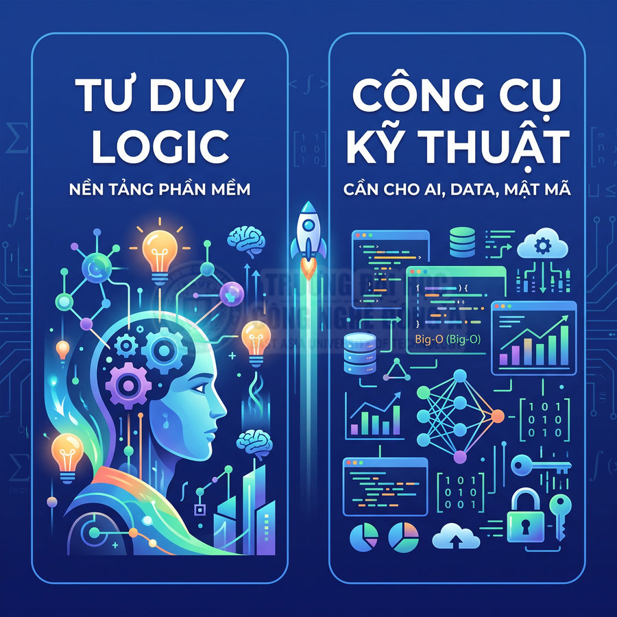 Thiết kế minh họa tư duy logic và công cụ kỹ thuật cho AI, data, mật mã với não bộ, biểu đồ và mã lập trình
