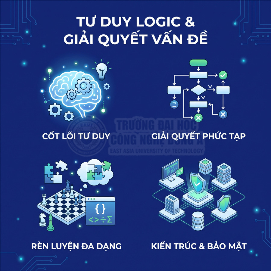 Minh họa tư duy logic và giải quyết vấn đề với biểu tượng não bộ, lưu đồ, cờ vua, lập trình, kiến trúc và bảo mật dữ liệu