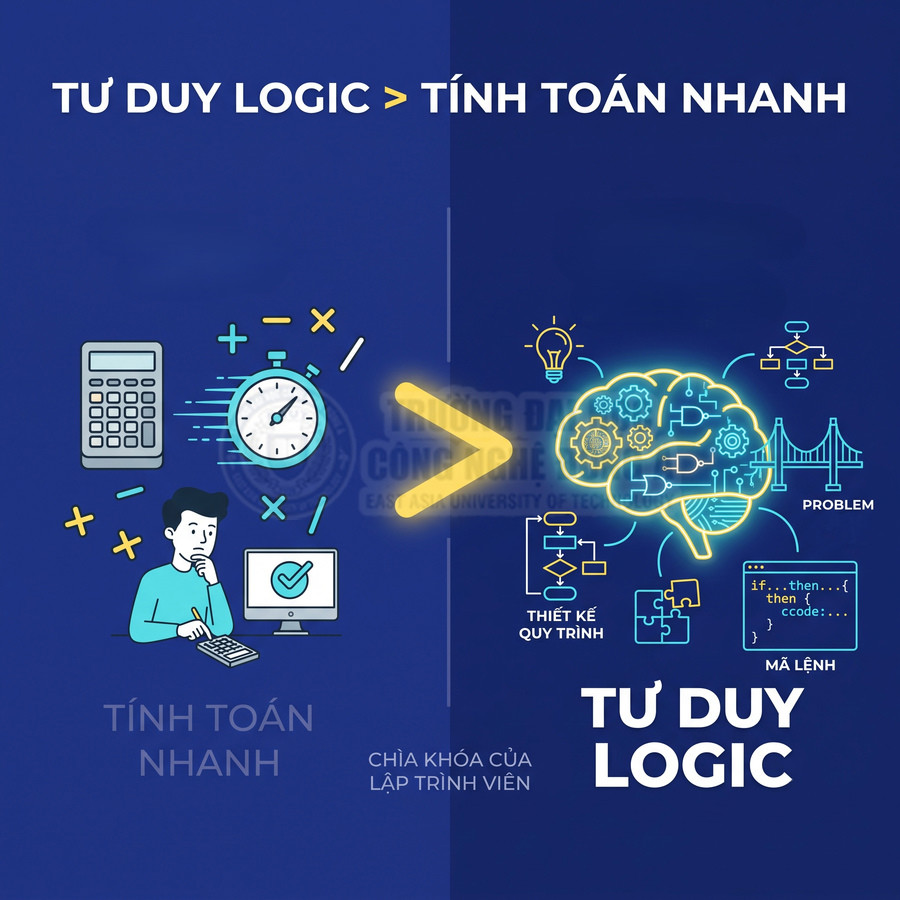 Minh họa so sánh tư duy logic và tính toán nhanh, nhấn mạnh tư duy logic là chìa khóa của lập trình viên