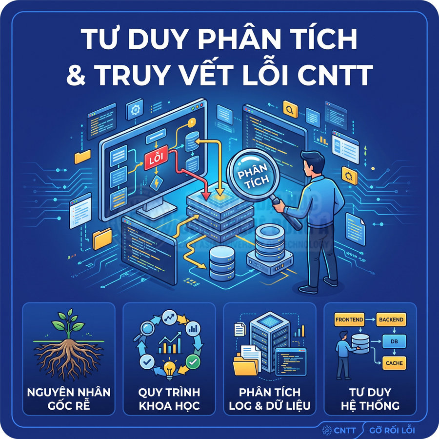 Minh họa khóa học tư duy phân tích và truy vết lỗi CNTT với lập trình viên kiểm tra lỗi hệ thống