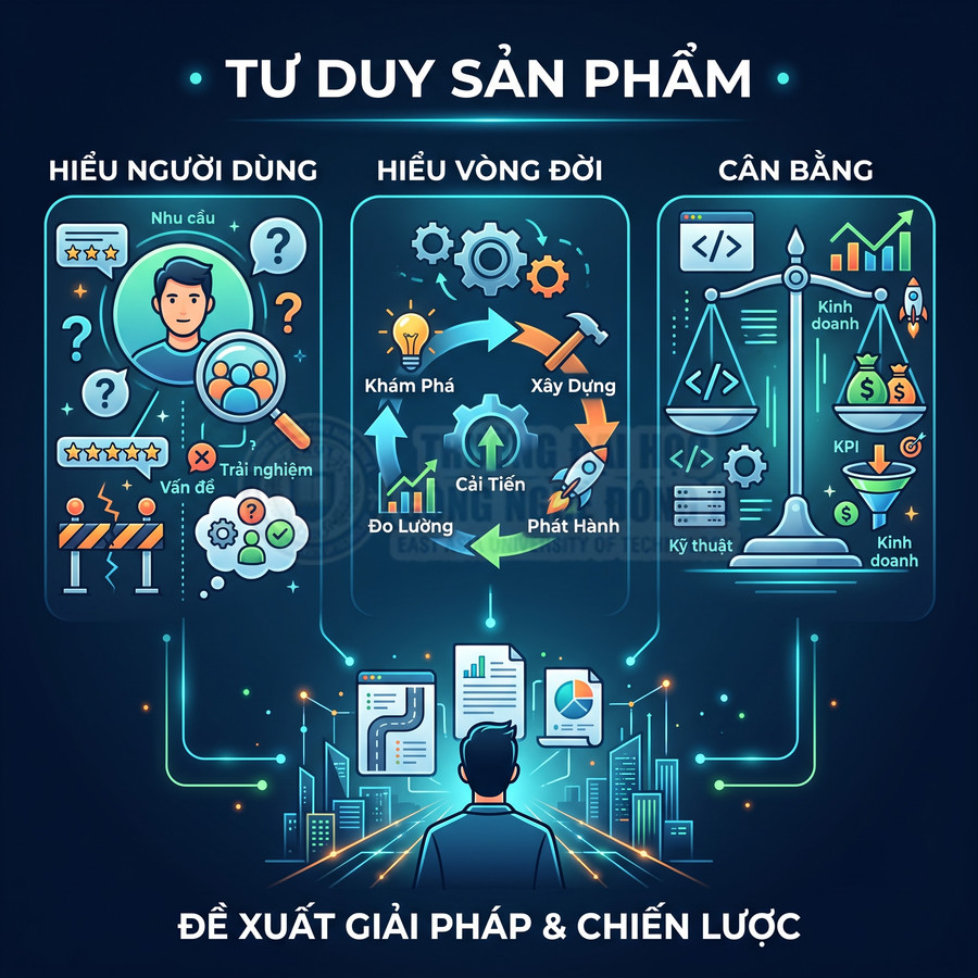 Minh họa tư duy sản phẩm với các bước hiểu người dùng, vòng đời sản phẩm và cân bằng kỹ thuật kinh doanh