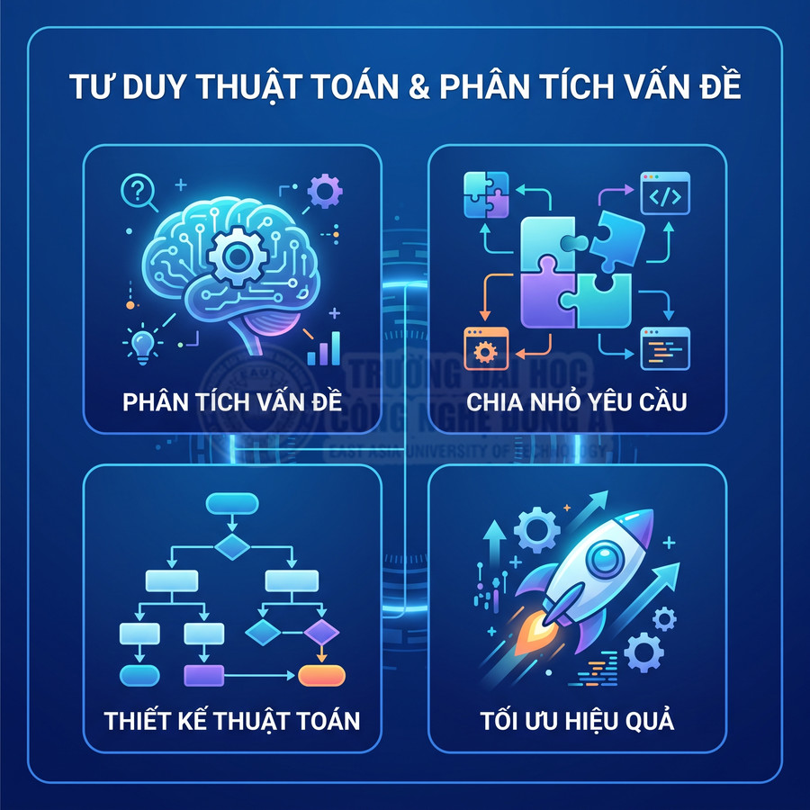 Minh họa tư duy thuật toán với các bước phân tích vấn đề, chia nhỏ yêu cầu, thiết kế thuật toán và tối ưu hiệu quả