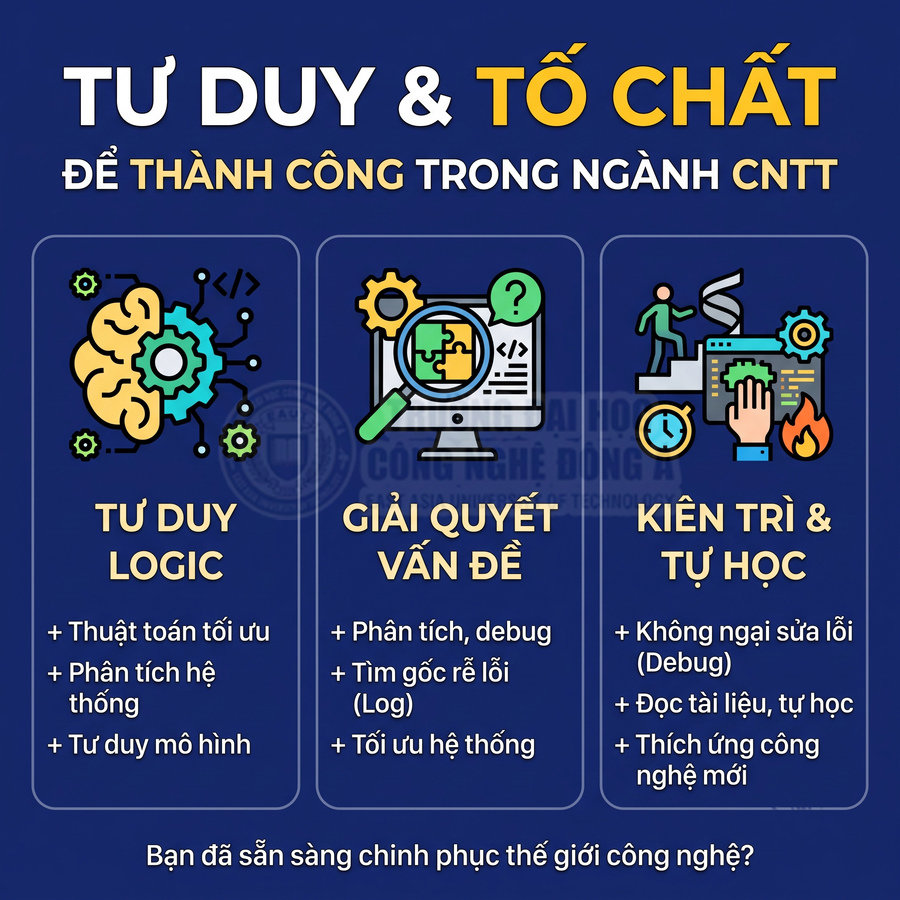 Các tố chất để thành công trong ngành CNTT gồm tư duy logic, giải quyết vấn đề, kiên trì và tự học.