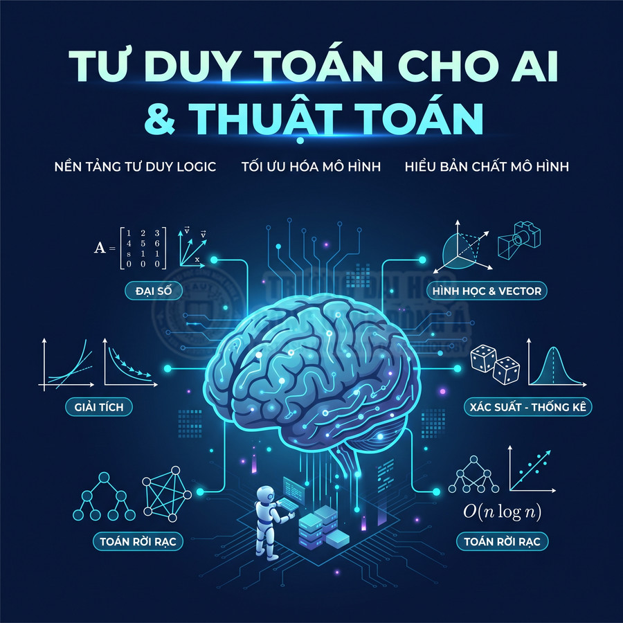 Minh họa tư duy toán cho AI và thuật toán với não bộ số hóa và các nhánh đại số, giải tích, hình học, xác suất, toán rời rạc
