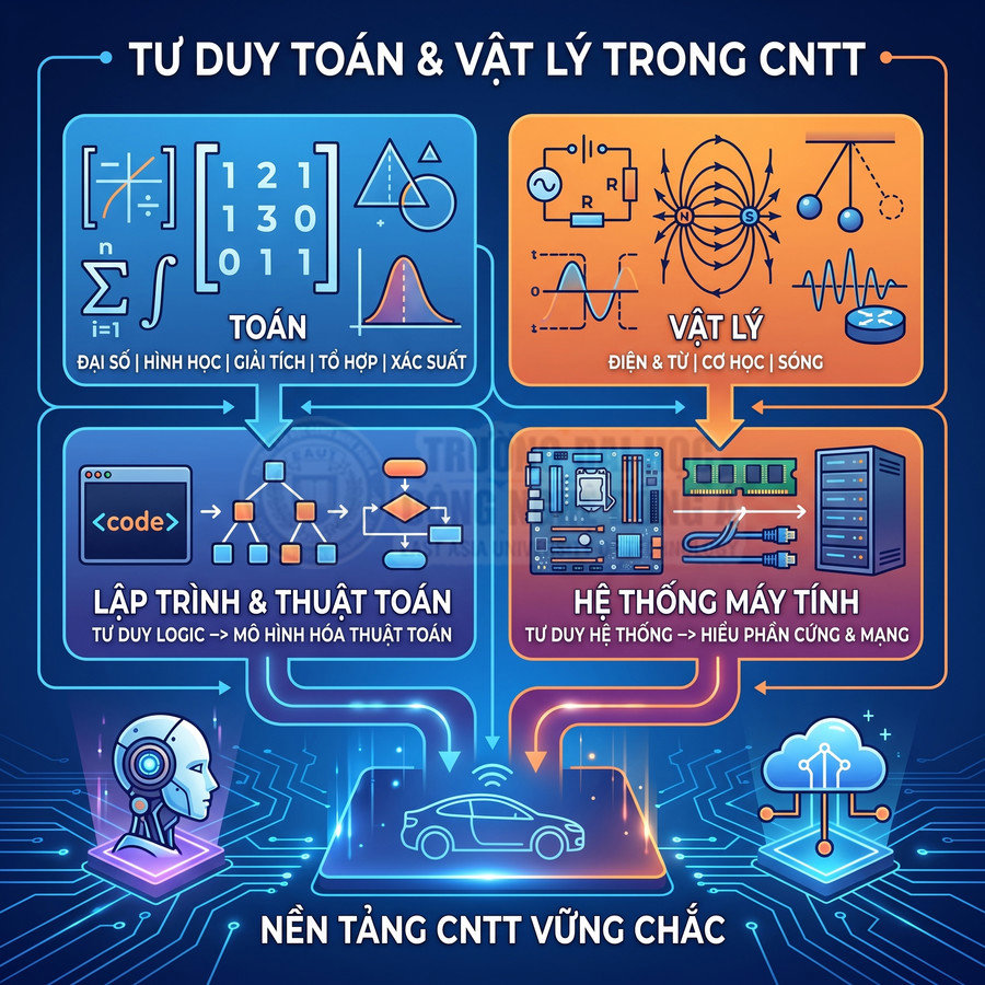 Infographic tư duy toán và vật lý trong CNTT, liên hệ lập trình, hệ thống máy tính, AI, ô tô tự lái và điện toán đám mây