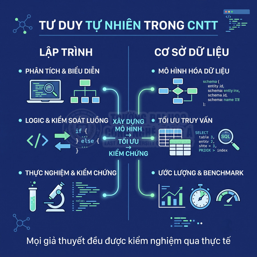 Infographic tư duy tự nhiên trong CNTT, so sánh lập trình và cơ sở dữ liệu với các bước phân tích, mô hình hóa, tối ưu, kiểm chứng