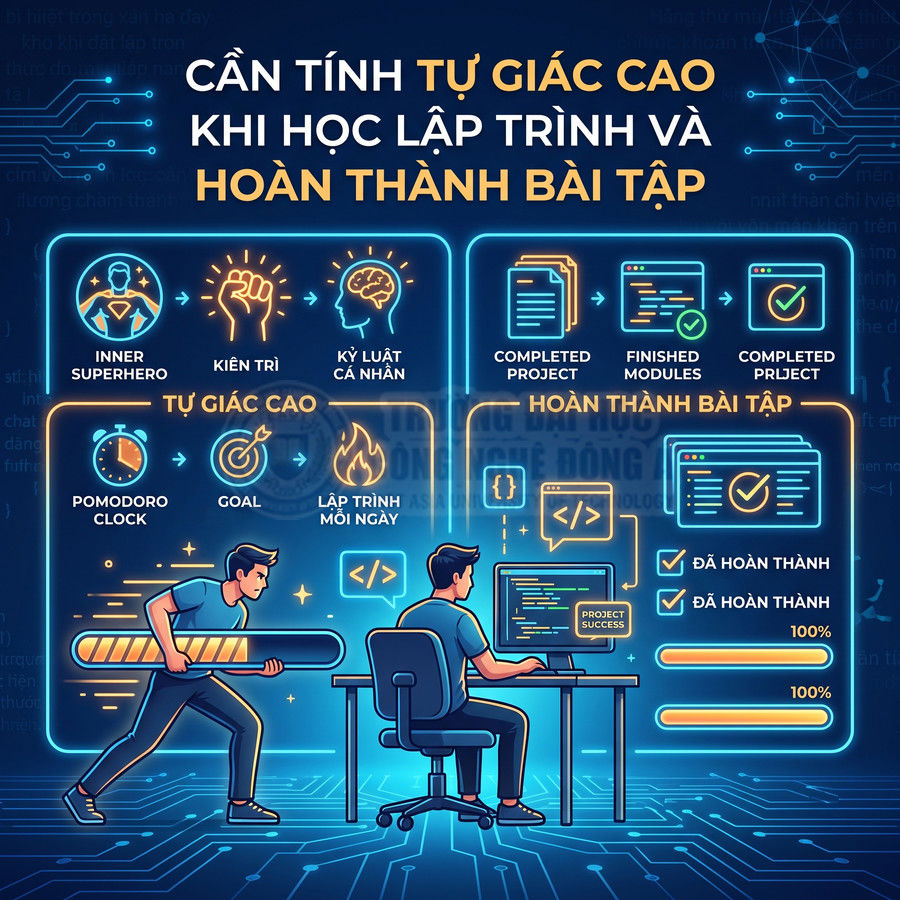 Minh họa lập trình viên học code với checklist tự giác cao và hoàn thành bài tập lập trình