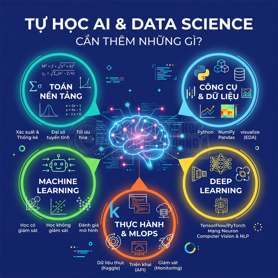 Infographic lộ trình tự học AI và Data Science với toán nền tảng, công cụ dữ liệu, machine learning, deep learning, MLOps