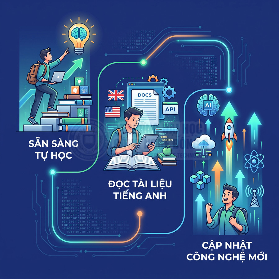 Minh họa sinh viên công nghệ thông tin tự học, đọc tài liệu tiếng Anh và cập nhật kiến thức AI, công nghệ mới