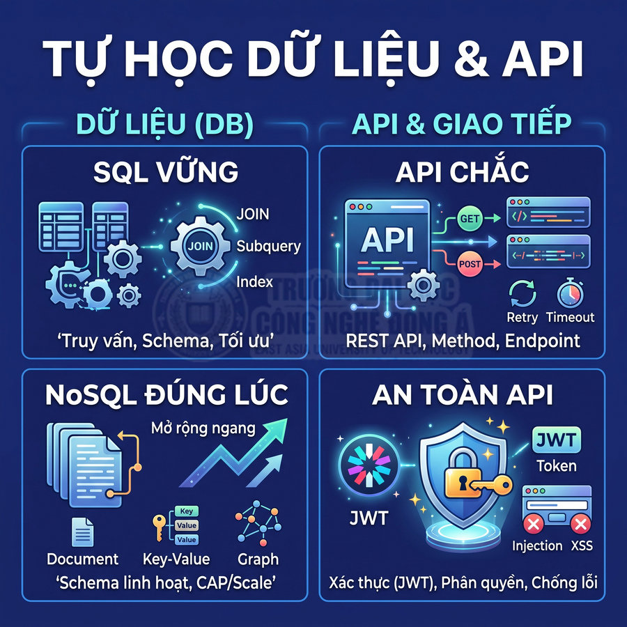 Tự học dữ liệu và API với SQL, NoSQL, REST API, JWT và bảo mật API minh họa trực quan