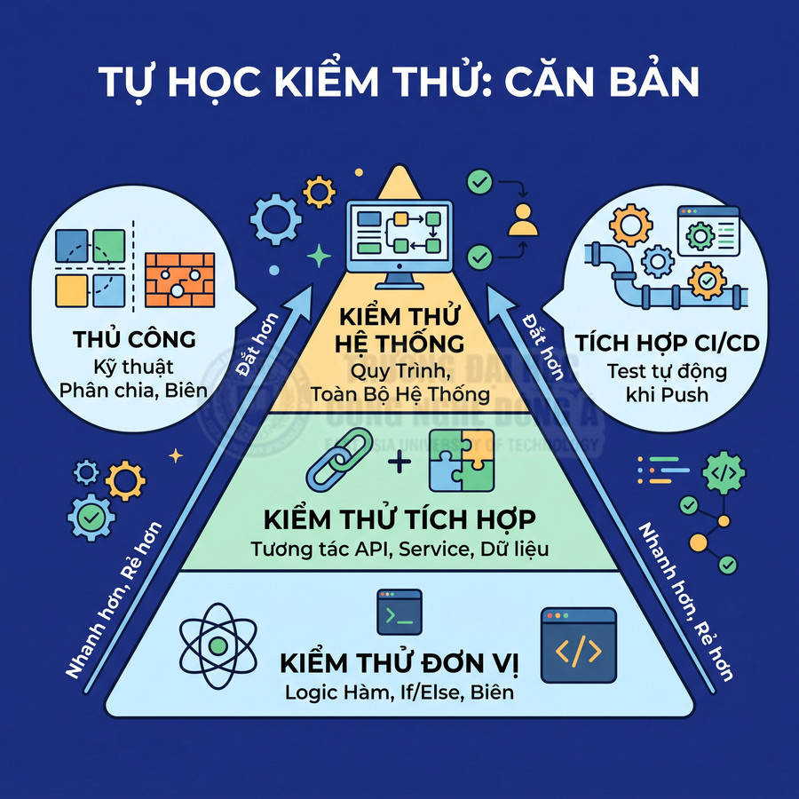 Sơ đồ tự học kiểm thử phần mềm cơ bản với các cấp độ unit, tích hợp, hệ thống, thủ công và tích hợp CI/CD