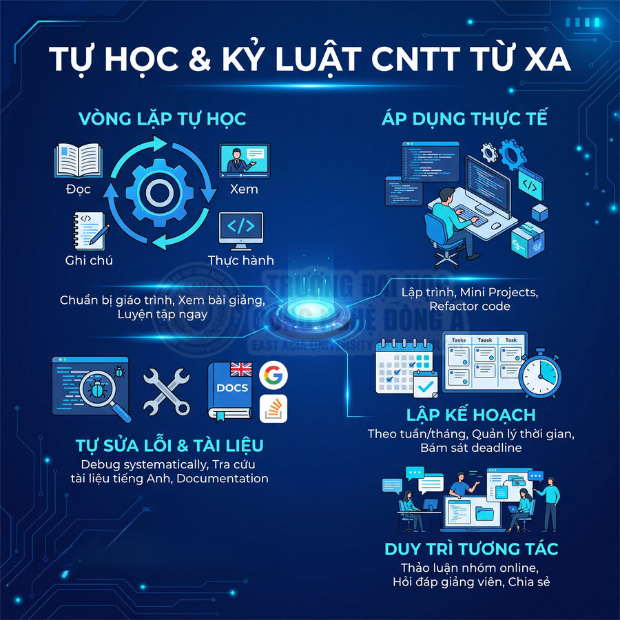 Infographic hướng dẫn tự học và rèn kỷ luật ngành CNTT từ xa với các bước và kỹ năng thực hành
