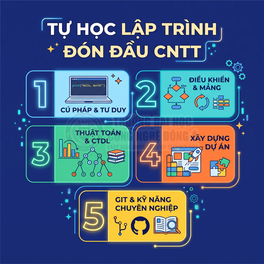 Lộ trình tự học lập trình gồm cú pháp, điều khiển, thuật toán, xây dựng dự án và Git kỹ năng chuyên nghiệp