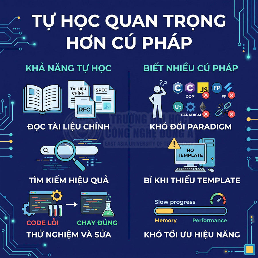 Infographic lập trình nhấn mạnh kỹ năng tự học, đọc tài liệu, thử nghiệm sửa lỗi quan trọng hơn thuộc cú pháp