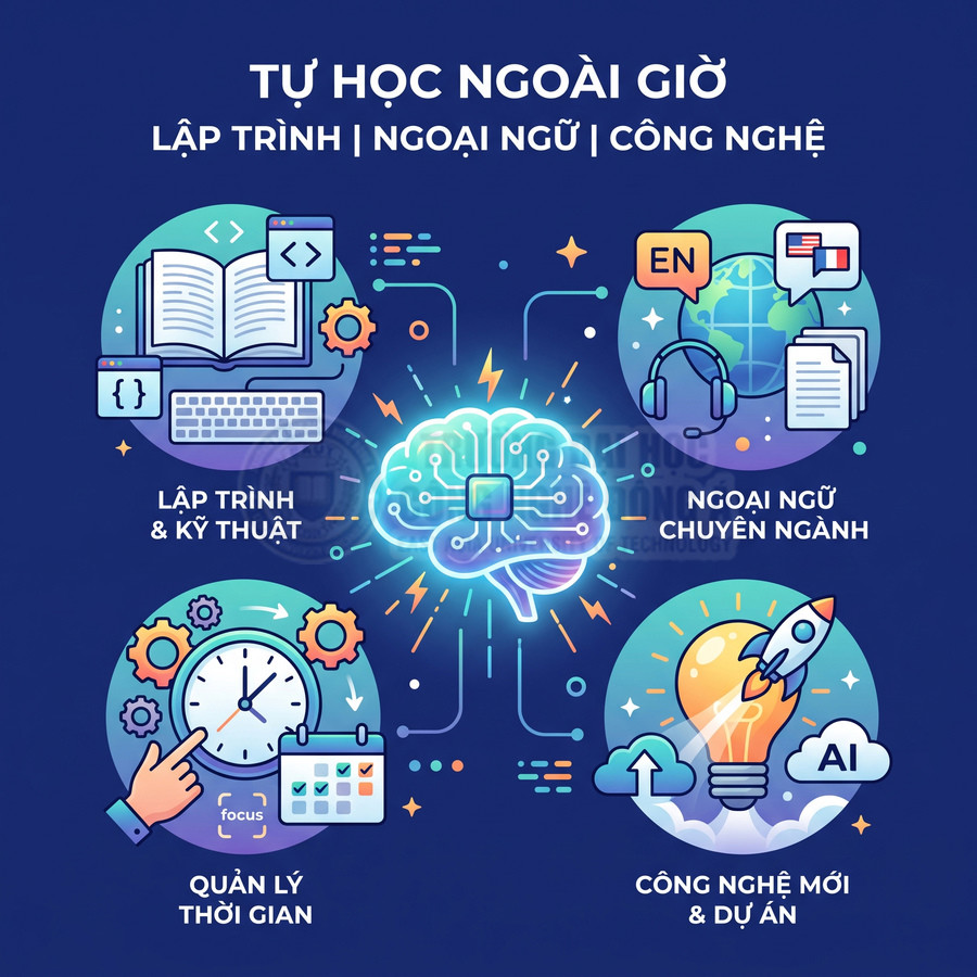 Thiết kế tự học ngoài giờ với biểu tượng lập trình, ngoại ngữ, quản lý thời gian và công nghệ AI sáng tạo