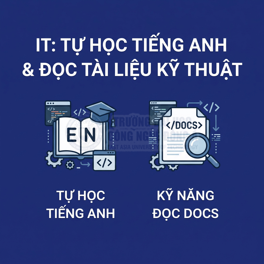 IT tự học tiếng Anh và kỹ năng đọc tài liệu kỹ thuật qua sách EN và tài liệu DOCS trên nền xanh