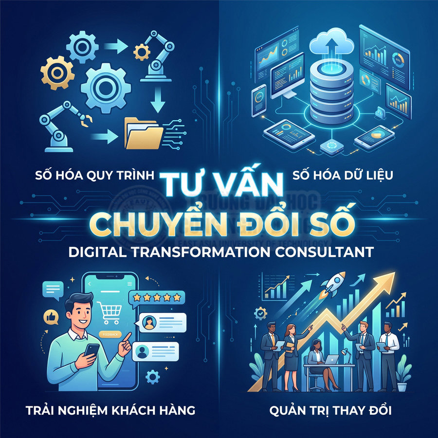 Thiết kế tư vấn chuyển đổi số với minh họa số hóa quy trình, dữ liệu, trải nghiệm khách hàng và quản trị thay đổi