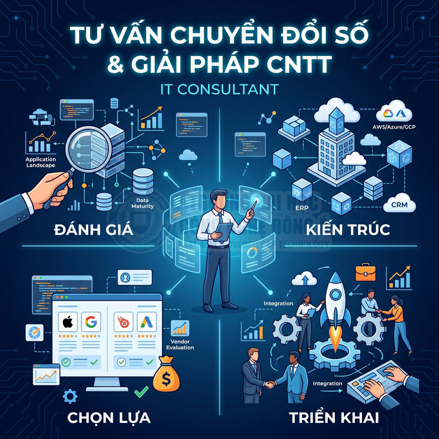 Dịch vụ tư vấn chuyển đổi số và giải pháp CNTT với các bước đánh giá, kiến trúc, lựa chọn và triển khai hệ thống
