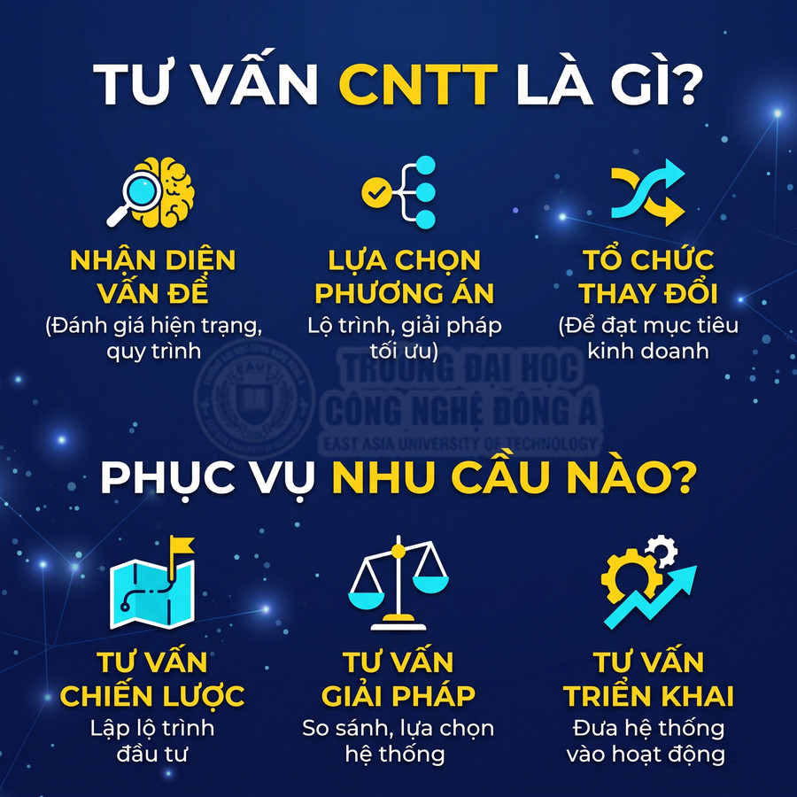 Tư vấn CNTT gồm nhận diện vấn đề, lựa chọn phương án, tổ chức thay đổi và tư vấn chiến lược, giải pháp, triển khai hệ thống.