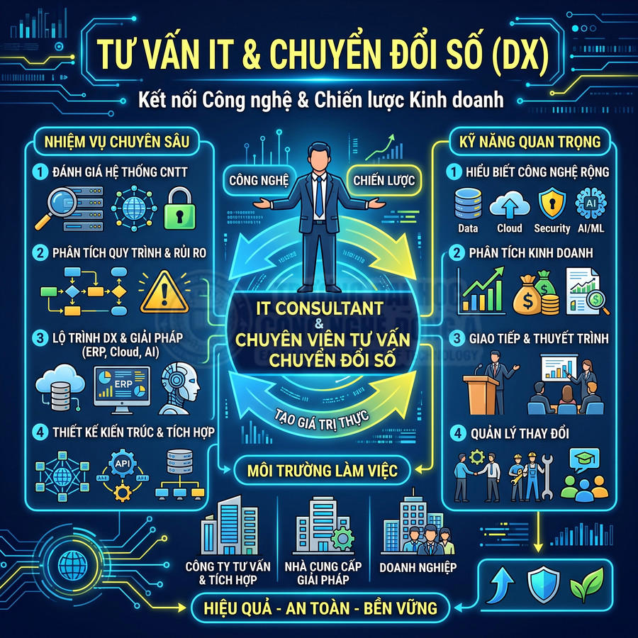 Infographic mô tả vai trò, nhiệm vụ và kỹ năng của chuyên viên tư vấn IT và chuyển đổi số DX