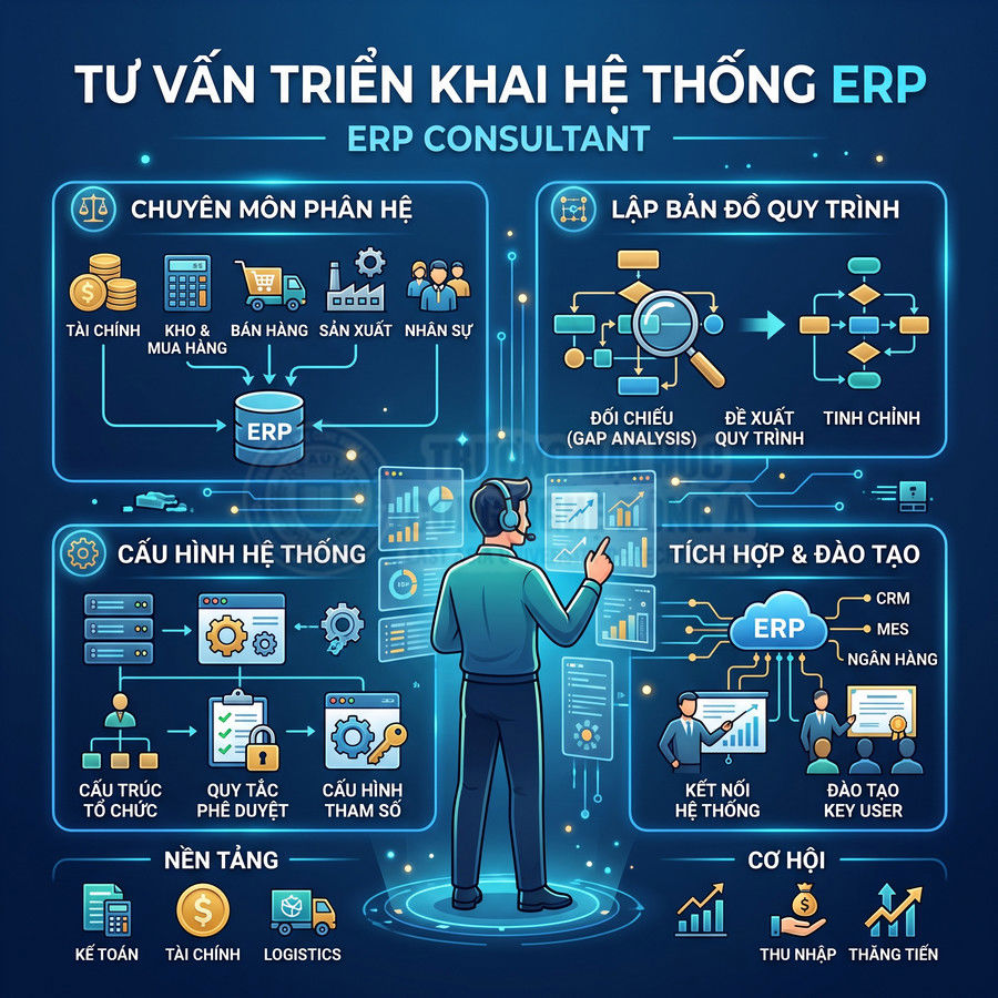 Tư vấn triển khai hệ thống ERP với các phân hệ tài chính, bán hàng, nhân sự, sản xuất và cấu hình tích hợp doanh nghiệp