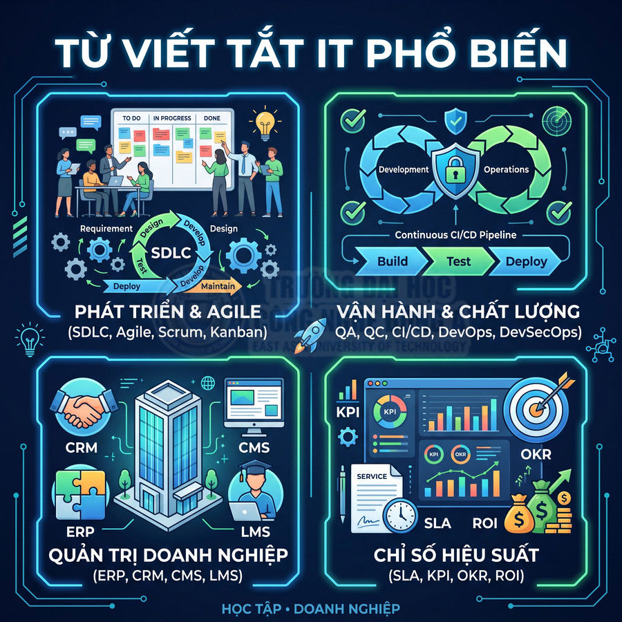Infographic các từ viết tắt IT phổ biến về phát triển Agile, vận hành chất lượng, quản trị doanh nghiệp và chỉ số hiệu suất
