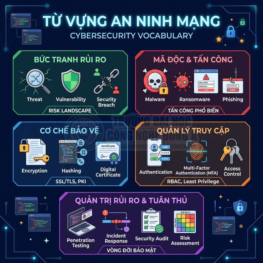 Từ vựng an ninh mạng minh họa các khái niệm về rủi ro, mã độc, cơ chế bảo vệ, quản lý truy cập và quản trị rủi ro