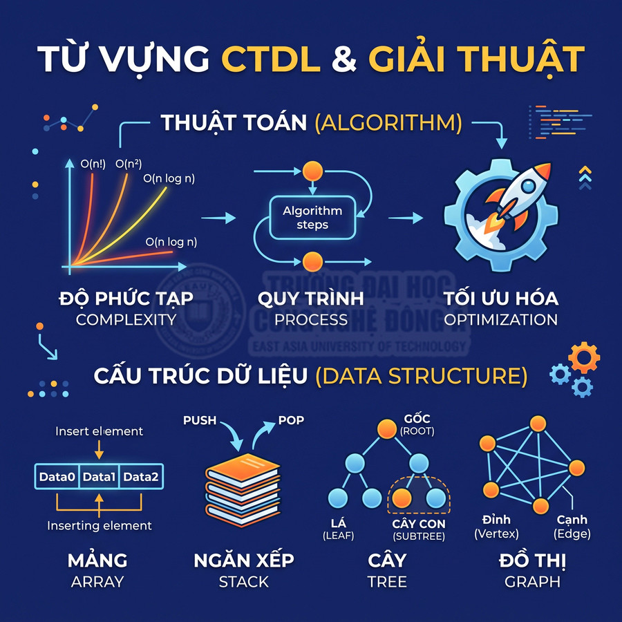 Từ vựng thuật toán và cấu trúc dữ liệu minh họa độ phức tạp, quy trình, tối ưu hóa, mảng, ngăn xếp, cây, đồ thị